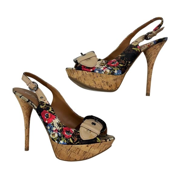 Guess heels women's 8 black pink floral fabric platform stiletto buckle toe - Picture 1 of 12